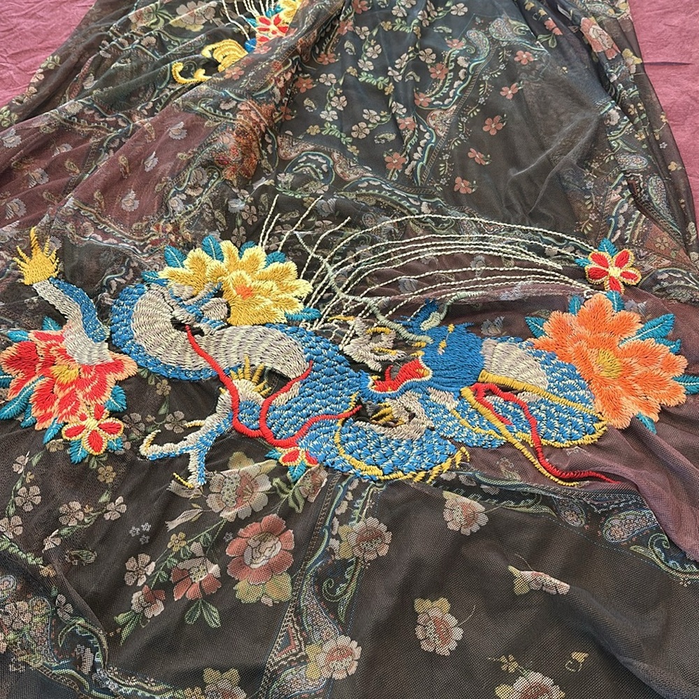 Johnny Was 2X Maxi Mesh dress Embroidered Floral dragon Accents brown black NWT - Picture 6 of 6